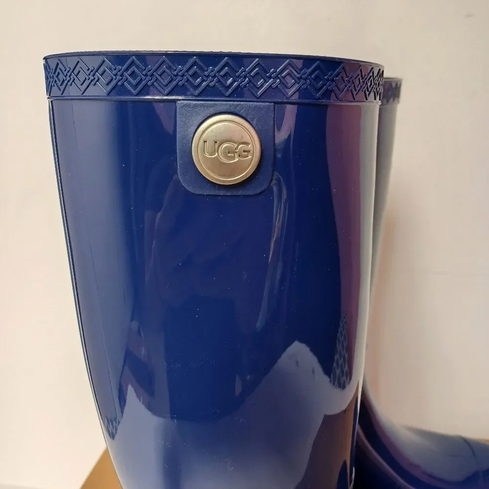UGG Women's Navy Blue Shaye Glossy Waterproof Rubber Rain Boots Size 6